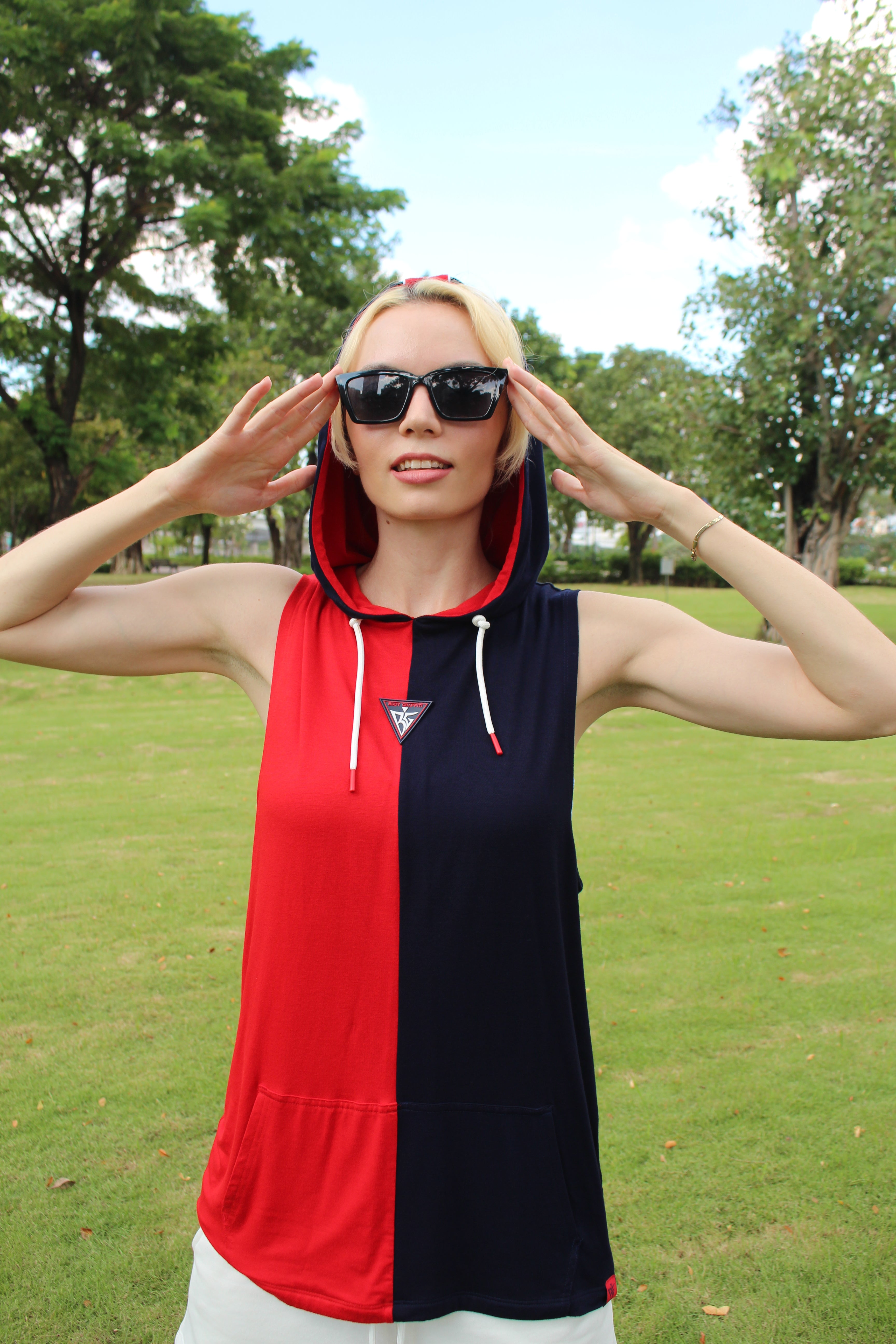 Unisex Two Tone Sleeveless Kangaroo Hoodie